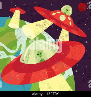 Martian Invasion Marsmenschen in Raumschiffe beginnen ihre Invasion. Stock Vektor