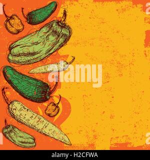 Chili Paprika Peperoni über einen abstrakten Hintergrund. Die Schoten werden eine Jalapeno, Habanero, Cubanelle und Banane. Stock Vektor
