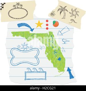 Florida handgezeichneten Doodles US-Bundesstaat Florida mit anderen Design-Element-Kritzeleien auf einem zerrissenen Stück Papier Notebook mit Klebeband. Stock Vektor