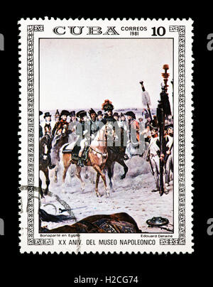 Briefmarke aus Kuba, die Darstellung der Edouard Detaille Malerei Bonaparte in Ägypten. Stockfoto