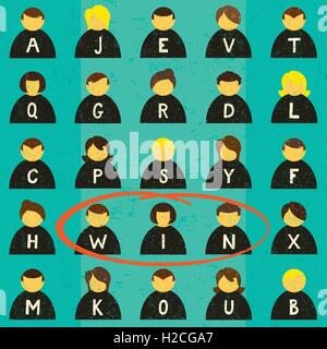 Finden ein Winning Team Icons von Geschäftsleuten in einem Wort kreiste Suchformat mit einer Gruppe von Menschen Erfolg. Stock Vektor