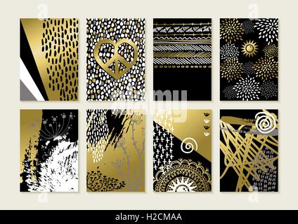 Reihe von abstrakten Boho Kunst Stil Kartendesigns in gold Farbe mit handgezeichneten Illustrationen und Grunge-Dekoration. EPS10 Vektor. Stock Vektor