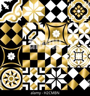 Gold-Weinlese-Patchwork Musterdesign mit traditionellen Fliesen Dekoration, klassischen Mosaik-Stil. EPS10 Vektor. Stock Vektor