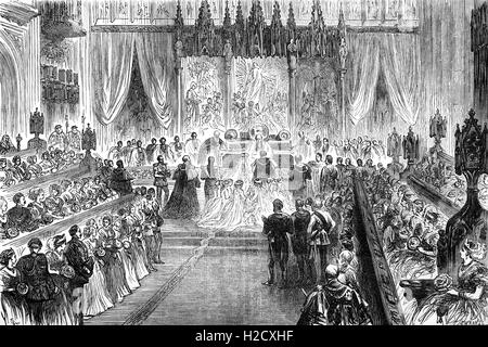 Die Hochzeit an Str. Georges Kapelle, Windsor Castle, der Prince Of Wales (1841 – 1910), der König Edward VII., Alexandra von Dänemark (1844 – 2925), Prinzessin von Wales und späteren Queen Consort, am 10. März 1863 wurde. Stockfoto