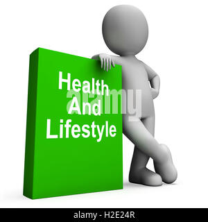 Gesundheit und Lifestyle Buch mit Charakter zeigt gesundes Wohnen Stockfoto
