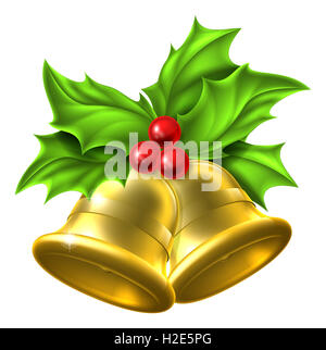 Ein Weihnachtsmotiv gold Glocken und einem Zweig der Stechpalme Stockfoto