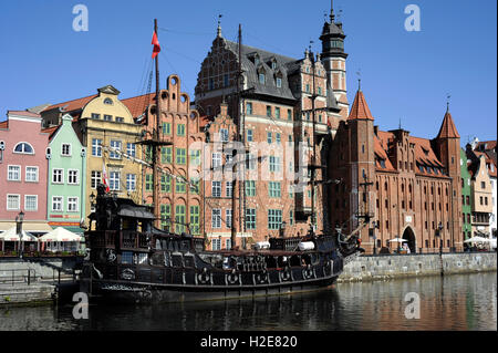 Polen. Danzig. Motlava River Embankment (Dlugie Pobrzeze). Altes Schiff und Archäologisches Museum. Stockfoto