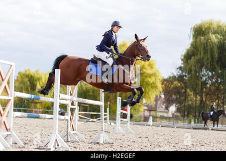 Junges Pferd Reiter Pferdesport Wettbewerb Sportlerin. Sport-Event-Hintergrund Stockfoto