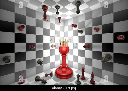 Große rote Figur und eine goldene Krone. Geschlossene Schach Raum. Viele kleine Schach. 3D-Illustration render Stockfoto