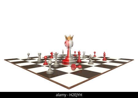 Schach-Drama auf einem weißen Hintergrund isoliert. In der Mitte eines Two-faced Königs. 3D-Illustration rendern. Stockfoto