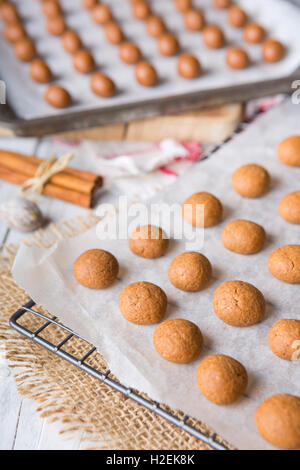 Hausgemachte "Pepernoten" oder "Kruidnoten", eine holländische Delikatesse für niederländische Urlaub "Sinterklaas". Stockfoto