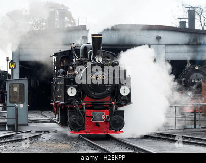WERNIGERODE, HARZ, Deutschland, SEPTEMBER 21,2016: unbekannter Mann fahren sehr alte Dampflok am 21. September in Wernigerode Stockfoto