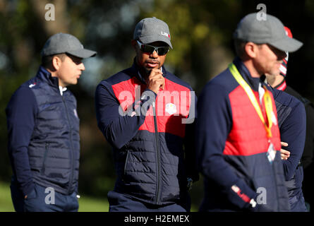 Vereinigten Staaten Vize-Kapitän Tiger Woods vor den 41. Ryder Cup Hazeltine National Golf Club in Chaska, Minnesota, USA. Stockfoto