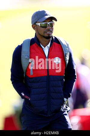 Vereinigten Staaten Vize-Kapitän Tiger Woods vor den 41. Ryder Cup Hazeltine National Golf Club in Chaska, Minnesota, USA. Stockfoto