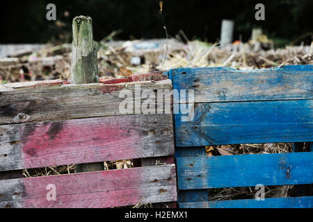 Ein Kompost hergestellt aus alten Holzpaletten mit toten Blumen, Gartenabfälle und Boden. Stockfoto