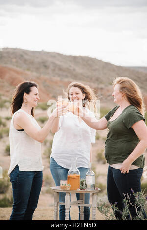 Drei Frauen stehen in einer Wüstenlandschaft einen Drink, einen Toast machen. Stockfoto