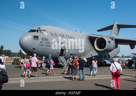 US-Luftwaffe Boeing c-17 Globemaster auf dem Display an der Airshow Abbotsford, British Columbia. Stockfoto
