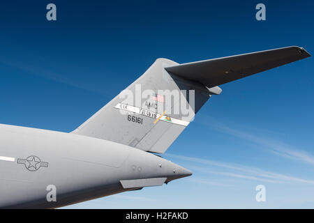 Heck Flügel uns Luftwaffe Boeing c-17 Globemaster III auf dem Display an der Airshow Abbotsford, British Columbia. Stockfoto