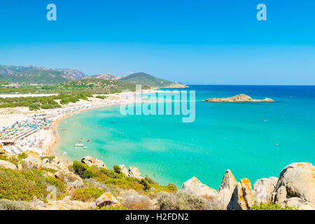 Panorama von den wunderschönen Stränden von Chia, Sardinien, Italien. Stockfoto