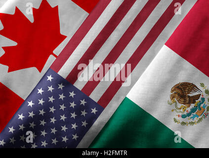 Nahaufnahme der Flaggen der nordamerikanischen Freihandelsabkommen NAFTA-Mitglieder auf Textile Textur. Stockfoto