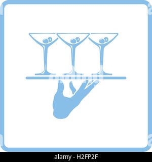 Kellner-Hand mit Tablett mit Martini-Gläser-Symbol. Blauer Rahmen-Design. Vektor-Illustration. Stock Vektor
