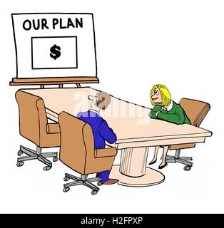 Geschäft farbigen Illustration von zwei Geschäftsleuten Blick auf einen Plan im Mittelpunkt, Geld zu verdienen. Stockfoto