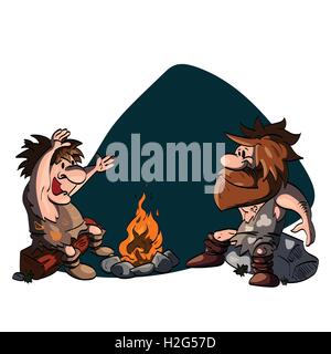 Cartoon-Illustration von zwei Höhlenmenschen Gespräch am Lagerfeuer. Stock Vektor