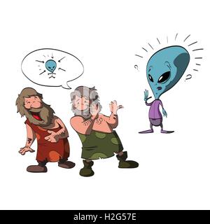 Bunten Cartoon Illustration zwei Unwissenden, dummen Caveman macht Spaß von einem freundlichen Alien großen Kopf, winken und Begrüßung der Stock Vektor