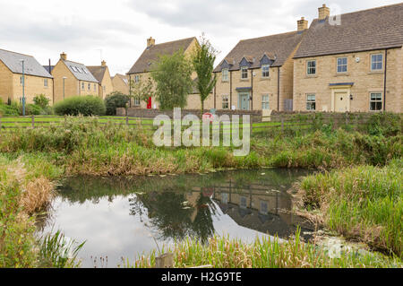 Ein Naturteich, gebaut auf einem Neubaugebiet am Rande eines Dorfes, England, UK Stockfoto