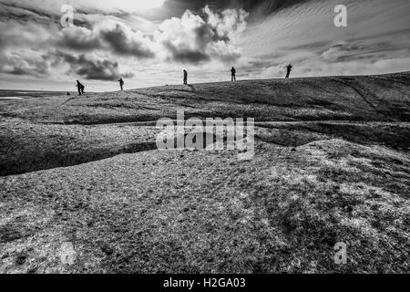 Menschen wandern durch die Spalten im Eis, Breidamerkurjokull Gletscher, Vatnajökull-Eiskappe, Island. Stockfoto