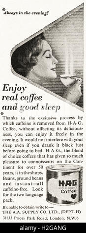 Original alte Vintage 1960er Jahre Magazin Anzeige datiert 1964. Werbung Werbung HAG entkoffeinierter Kaffee Stockfoto