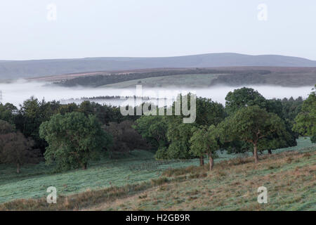 Früh am Morgennebel bei Sonnenaufgang, Walltown Felsen, Hadrians Wall - nach Südwesten in Richtung Geltsdale und den North Pennines Stockfoto