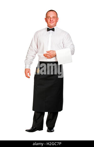 Kellner mit Notizblock und Bleistift auf weißem Hintergrund. Stockfoto