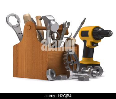 Holz Werkzeugkasten mit Werkzeugen. Isolierte 3D-Bild Stockfoto