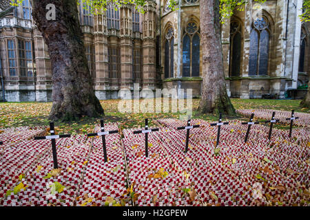 Erinnerung-Kreuze und Mohn in Westminster Abbey Gardens in London, Vereinigtes Königreich. Stockfoto