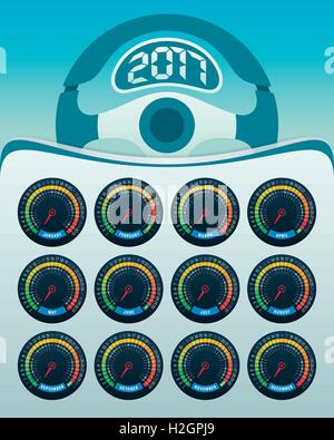 Kalender 2017 Vorlage mit bunten Tacho Dashboard und Lenkung Thema. Kreative Design-Elemente für Ihre Kalender-Werke. Stock Vektor
