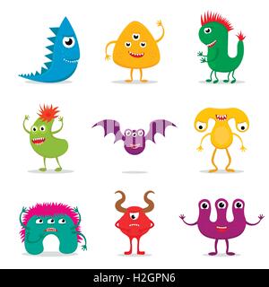 Reihe von lustigen bunten Monster-Icons auf weißem Hintergrund. EPS10 Vektor-Sammlung von niedlichen Cartoon Monster Zeichen. Stock Vektor