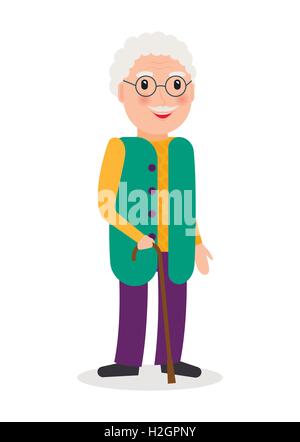 Alter Mann mit Brille und mit Rohrstock in flachen Stil. EPS10 Vektor-Illustration von Opa Charakter mit Gehstock. Stock Vektor