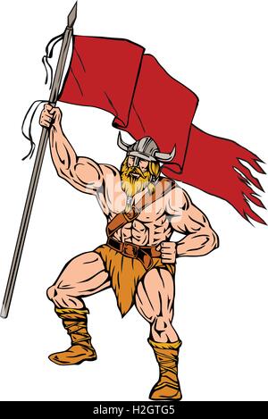 Abbildung von einem Norseman Viking Warrior Raider Barbar gehörnter Helm mit Bart hält schwingt rote Fahne angezeigt Stock Vektor