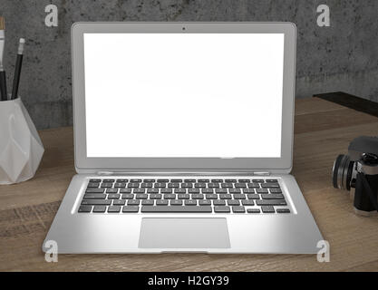 Leerer Bildschirm Laptop-Computer auf Holztisch Stockfoto