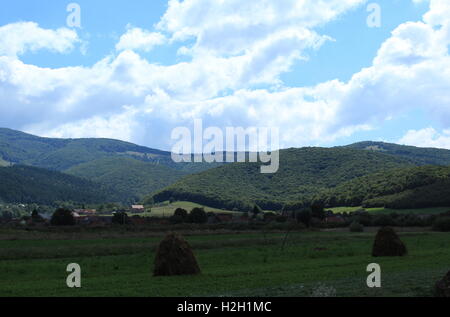 Heuhaufen mit Bergen in der Ferne Stockfoto