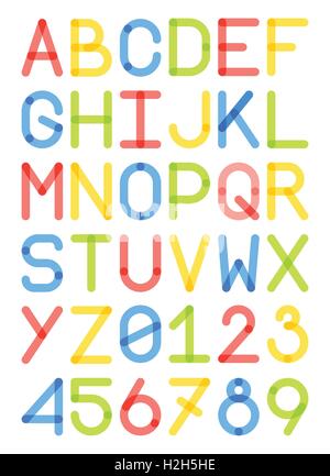 [EPS10] [JPEG] englische Schrift Großbuchstaben und Ziffern moderne Schriftart sans Serif bunt rot gelb blau grün Vektor Stock Vektor