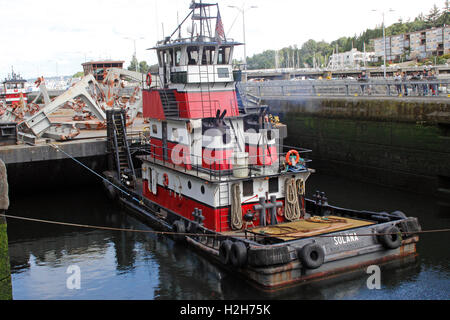 Schlepper mit Barge in Ballard Locks Seattle Washington State USA Pazifikküste Stockfoto