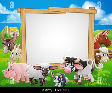 Bauernhof-Cartoon-Zeichen mit niedlichen Tieren um ein Schild Stockfoto