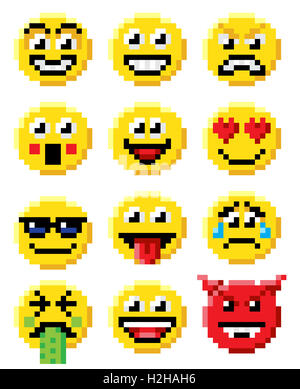 Pixel Art Set von Emoji oder Emoticon Gesicht Icons in einem Retro-8-Bit-Videospiel-Stil Stockfoto