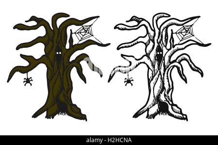 Hand gezeichnet doodle Halloween-Baum. Schwarzer Feder Objekte und Farbzeichnung. Design-Illustration für Poster, Flyer. Stock Vektor