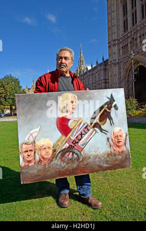 Kaya Mar - Karikaturist - mit eines seiner Gemälde in Westminster - Austritt: Theresa kann, Liam Fox, Boris Johnson,... Stockfoto
