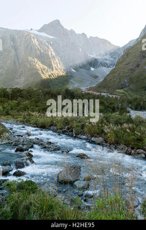 Scenic Lookout Hollyford Valley am Monkey Creek am Milford Road, Milford Sound, Neuseeland Stockfoto