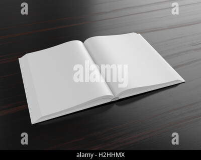 Leere offenes Buch auf dunklem Hintergrund mit weichen Schatten, mock-up Stockfoto