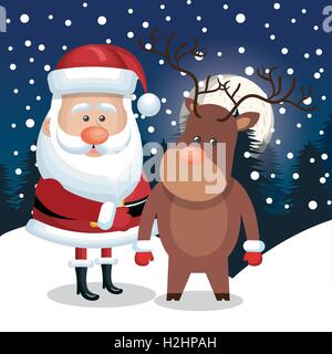 Santa Claus Hirsch Landschaft Nacht, Schneefall design Stock Vektor